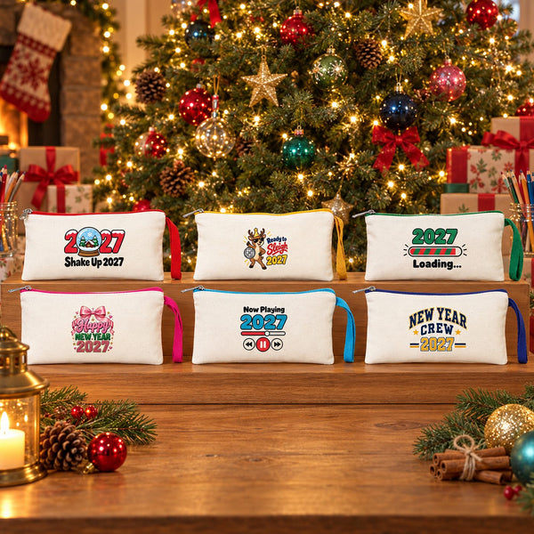 Federmäppchen Weihnachten – 9 Motive für Weihnachten & Neujahr 2027, Stoff-Federmäppchen mit farbigem Reißverschluss 21 × 10 cm – Baumwollgabardine - Pamusan.de