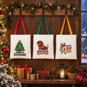 Große Weihnachtsbeutel aus Baumwolle – Taschen 35 × 40 cm mit roten, grünen oder senfgelben Henkeln, 9 Motive für Weihnachten & Neujahr 2027 - Pamusan.de