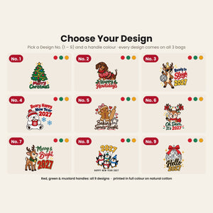 Große Weihnachtsbeutel aus Baumwolle – Taschen 35 × 40 cm mit roten, grünen oder senfgelben Henkeln, 9 Motive für Weihnachten & Neujahr 2027 - Pamusan.de