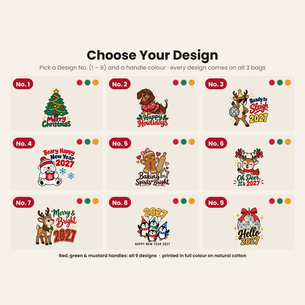 Große Weihnachtsbeutel aus Baumwolle – Taschen 35 × 40 cm mit roten, grünen oder senfgelben Henkeln, 9 Motive für Weihnachten & Neujahr 2027 - Pamusan.de