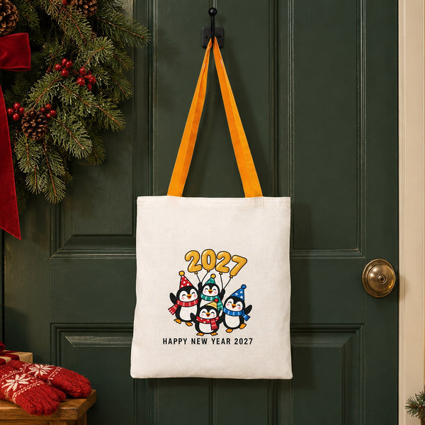 Große Weihnachtsbeutel aus Baumwolle – Taschen 35 × 40 cm mit roten, grünen oder senfgelben Henkeln, 9 Motive für Weihnachten & Neujahr 2027 - Pamusan.de
