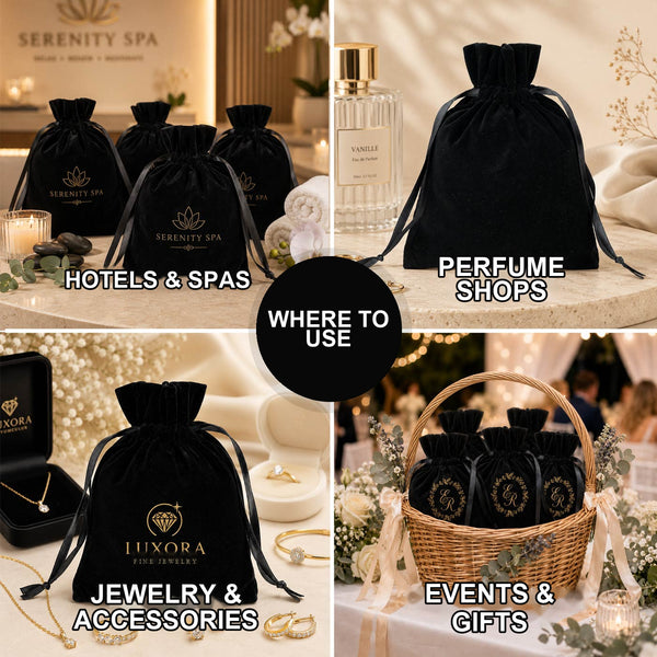 Personalized Black Velvet Drawstring Pouch – 6" × 8" (15 × 20 cm) - Pamusan.com