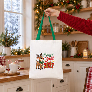 Große Weihnachtsbeutel aus Baumwolle – Taschen 35 × 40 cm mit roten, grünen oder senfgelben Henkeln, 9 Motive für Weihnachten & Neujahr 2027 - Pamusan.de