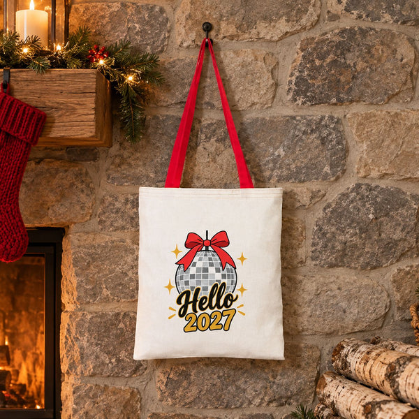 Große Weihnachtsbeutel aus Baumwolle – Taschen 35 × 40 cm mit roten, grünen oder senfgelben Henkeln, 9 Motive für Weihnachten & Neujahr 2027 - Pamusan.de