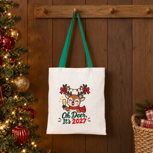 Große Weihnachtsbeutel aus Baumwolle – Taschen 35 × 40 cm mit roten, grünen oder senfgelben Henkeln, 9 Motive für Weihnachten & Neujahr 2027 - Pamusan.de