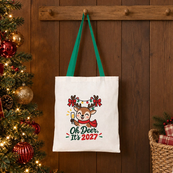 Große Weihnachtsbeutel aus Baumwolle – Taschen 35 × 40 cm mit roten, grünen oder senfgelben Henkeln, 9 Motive für Weihnachten & Neujahr 2027 - Pamusan.de