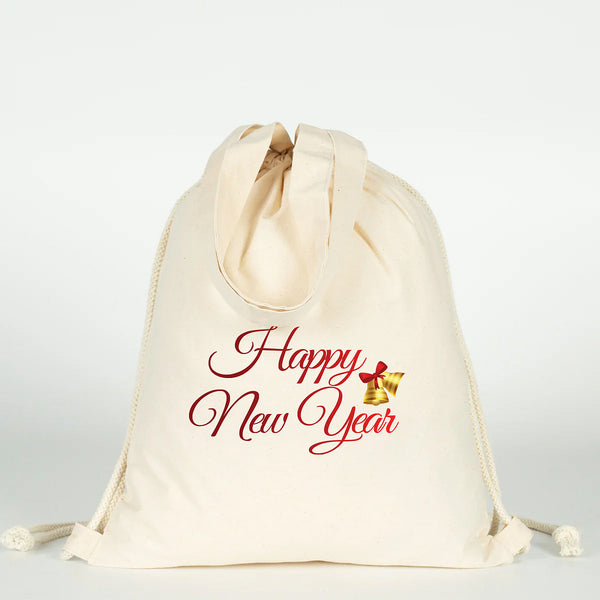 Turnbeutel Weihnachten mit Happy-New-Year-Druck, Naturbaumwolle – Pamusan.de