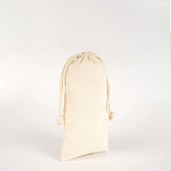 Raw unbleached muslin favor bag 4"x8" close-up of cotton fabric texture