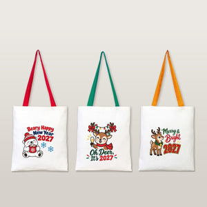 Große Weihnachtsbeutel aus Baumwolle – Taschen 35 × 40 cm mit roten, grünen oder senfgelben Henkeln, 9 Motive für Weihnachten & Neujahr 2027 - Pamusan.de