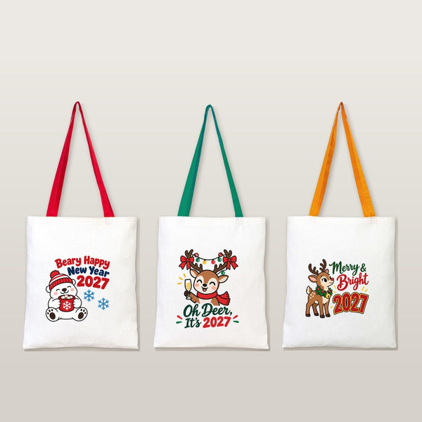 Große Weihnachtsbeutel aus Baumwolle – Taschen 35 × 40 cm mit roten, grünen oder senfgelben Henkeln, 9 Motive für Weihnachten & Neujahr 2027 - Pamusan.de