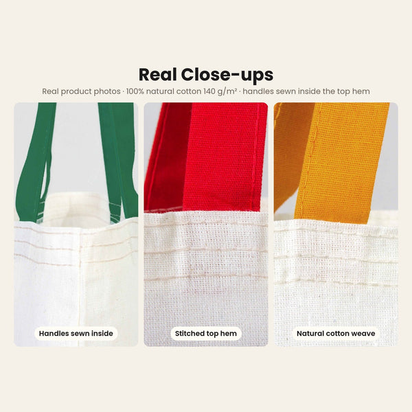 Große Weihnachtsbeutel aus Baumwolle – Taschen 35 × 40 cm mit roten, grünen oder senfgelben Henkeln, 9 Motive für Weihnachten & Neujahr 2027 - Pamusan.de