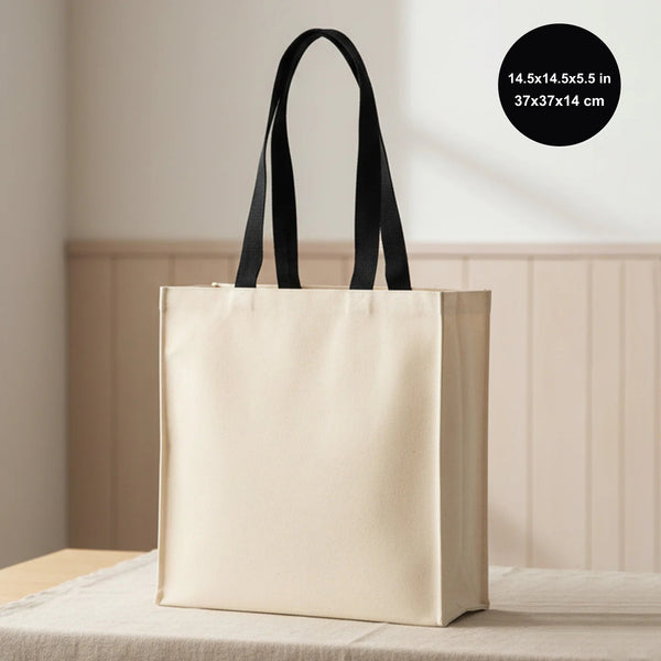 Blank large cotton canvas tote bag with black woven handles, 14.5x14.5x5.5 in (37x37x14 cm)