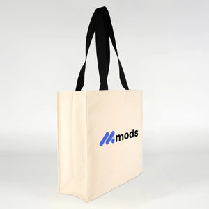 Large promotional canvas tote bag with long woven handles displayed flat
