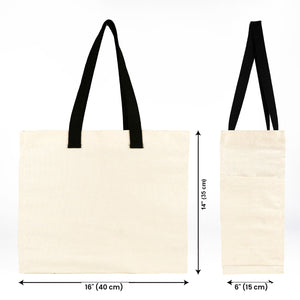Maßzeichnung der unbedruckten Baumwolltasche: 40 cm breit, 35 cm hoch, 15 cm Bodentiefe
