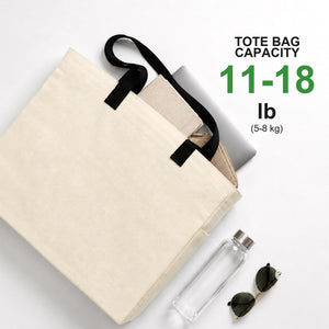Unbedruckte Baumwolltasche mit 5-8 kg Tragkraft, gezeigt mit Laptop, Flasche und Sonnenbrille