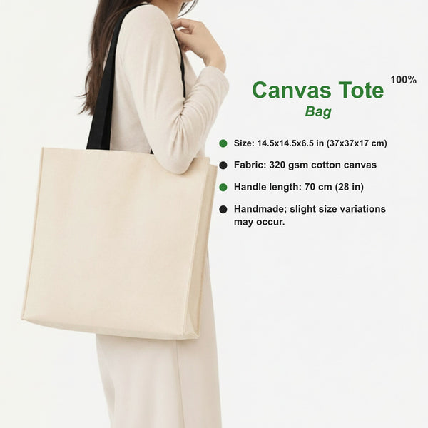 100% cotton canvas large tote bag specs: 14.5x14.5x6.5 in, 320 gsm, 70 cm handle, handmade