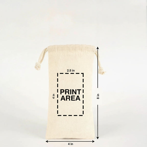 Custom printed cotton muslin drawstring pouch detail of self-fabric cord