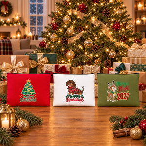Weihnachts-Kosmetiktasche – 9 Motive für Weihnachten & Neujahr 2027, Clutch mit Reißverschluss 21 × 15 cm – Baumwollgabardine