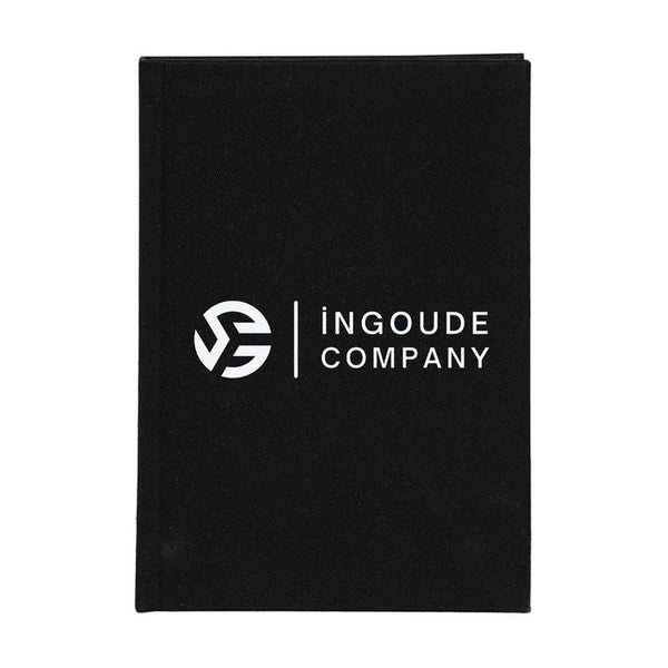 Black canvas notebook with a white printed company logo – one-side cover printing example | Pamusan.com