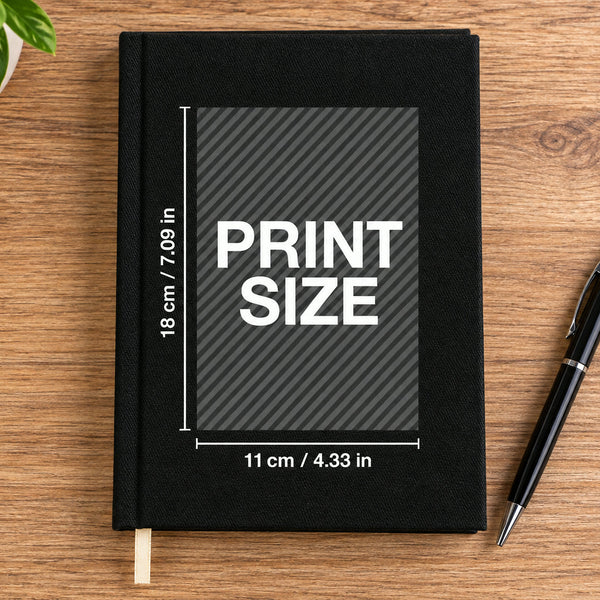 Print size diagram on black canvas notebook cover: 7.1 x 4.3 in (18 x 11 cm) | Pamusan.com