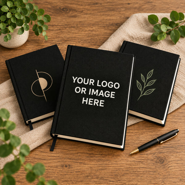 Three black canvas notebooks with custom logo and image printing examples | Pamusan.com