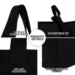 Produktdetails der schwarzen Leinwand‑Tragetasche – 450 g/m² Gabardine, Kordelzug, Einsatzfuß – Pamusan.de