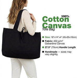 Black canvas tote bag specs – 18x14x4 in (45x35x10 cm), 450 g/m² gabardine cotton – Pamusan.com