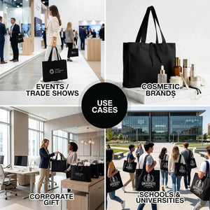 Black canvas tote bag use cases – events, cosmetic brands, corporate gifts, schools – Pamusan.com
