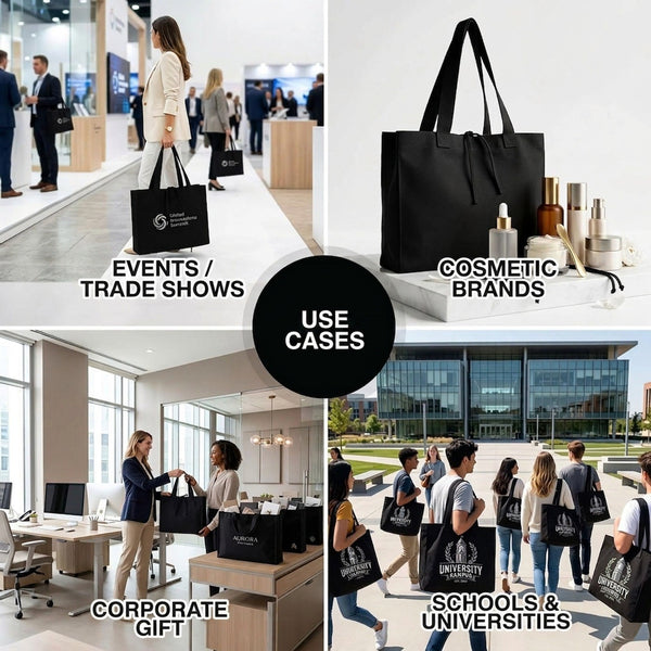 Black canvas tote bag use cases – events, cosmetic brands, corporate gifts, schools – Pamusan.com