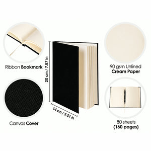 Black canvas notebook specs: ribbon bookmark, 90 gsm cream paper, 80 sheets (160 pages), 7.9 x 5.5 in (20 x 14 cm) | Pamusan.com