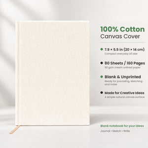 Blank canvas notebook specs: 100% cotton cover, 7.9 x 5.5 in (20 x 14 cm), 80 sheets / 160 pages, 90 gsm paper | Pamusan.com
