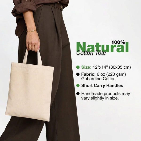 Blank Short Handle Tote Bag 12"x14" – Natural Cotton, 6 oz Gabardine Fabric - Pamusan.com