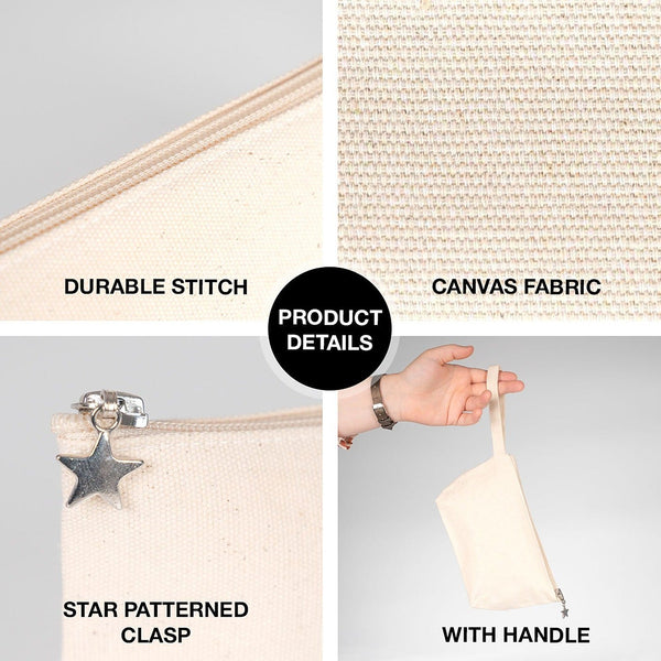 Canvas zipper pouch details: stitching, canvas fabric, star zipper pull, wrist strap – Pamusan.com