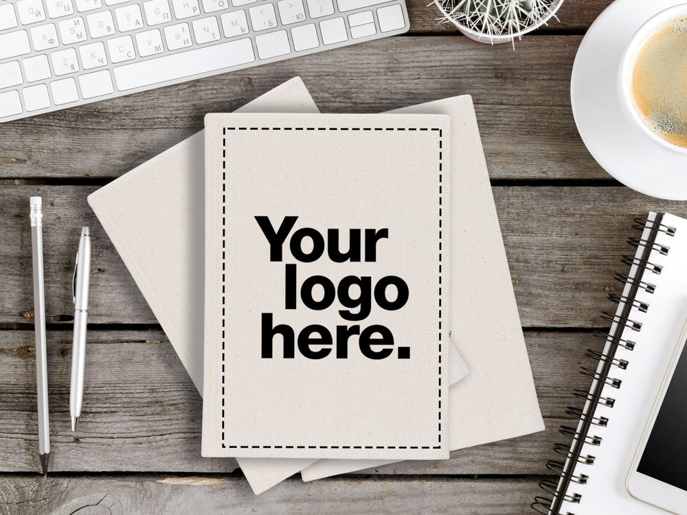 Canvas Cover Notebook 6"W x 8"H (15 cm x 20 cm) Text Logo or Photo Print, Promotional Notebook - Pamusan.com