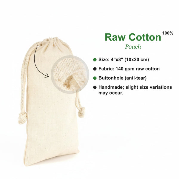 Natural muslin favor bag 4"x8" shown open with drawstring loosened