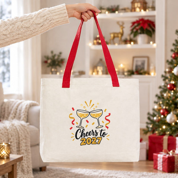 Canvas-Tasche Weihnachten mit Strickhenkeln – 9 Motive Happy New Year 2027, Tragetasche 45 × 35 × 8 cm in Beige, Rot oder Schwarz – 320 g/m² - Pamusan.de