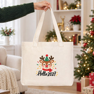 Canvas-Tasche Weihnachten mit Strickhenkeln – 9 Motive Happy New Year 2027, Tragetasche 45 × 35 × 8 cm in Beige, Rot oder Schwarz – 320 g/m² - Pamusan.de