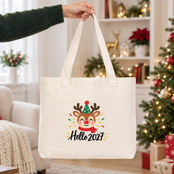 Canvas-Tasche Weihnachten mit Strickhenkeln – 9 Motive Happy New Year 2027, Tragetasche 45 × 35 × 8 cm in Beige, Rot oder Schwarz – 320 g/m² - Pamusan.de