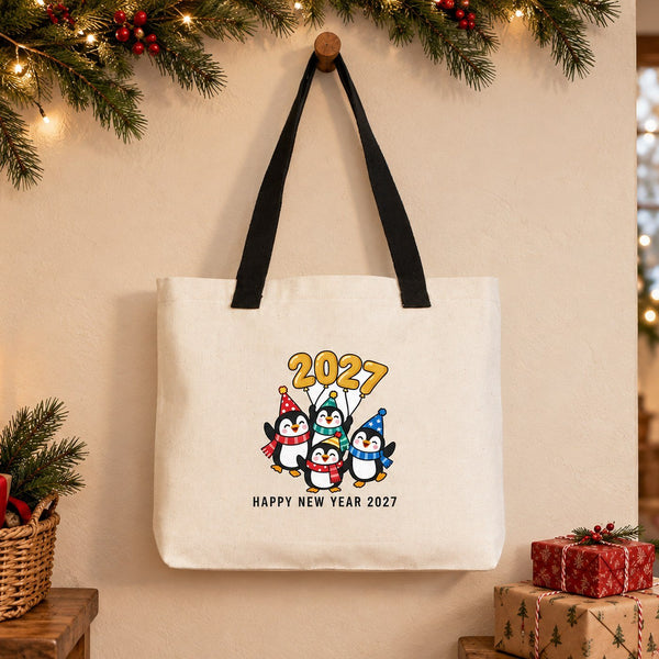Canvas-Tasche Weihnachten mit Strickhenkeln – 9 Motive Happy New Year 2027, Tragetasche 45 × 35 × 8 cm in Beige, Rot oder Schwarz – 320 g/m² - Pamusan.de