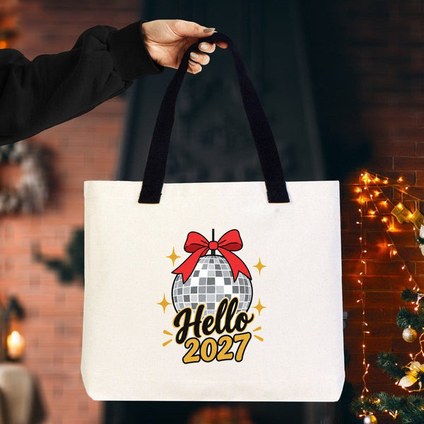 Canvas-Tasche Weihnachten mit Strickhenkeln – 9 Motive Happy New Year 2027, Tragetasche 45 × 35 × 8 cm in Beige, Rot oder Schwarz – 320 g/m² - Pamusan.de
