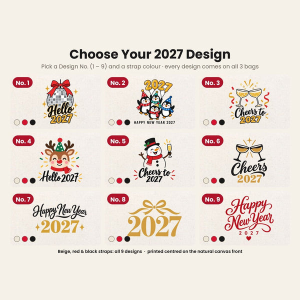 Canvas-Tasche Weihnachten mit Strickhenkeln – 9 Motive Happy New Year 2027, Tragetasche 45 × 35 × 8 cm in Beige, Rot oder Schwarz – 320 g/m² - Pamusan.de