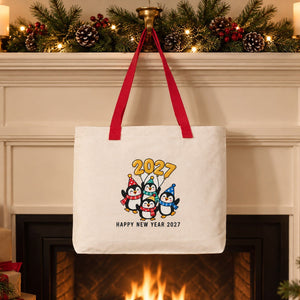 Canvas-Tasche Weihnachten mit Strickhenkeln – 9 Motive Happy New Year 2027, Tragetasche 45 × 35 × 8 cm in Beige, Rot oder Schwarz – 320 g/m² - Pamusan.de