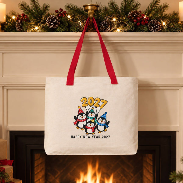 Canvas-Tasche Weihnachten mit Strickhenkeln – 9 Motive Happy New Year 2027, Tragetasche 45 × 35 × 8 cm in Beige, Rot oder Schwarz – 320 g/m² - Pamusan.de