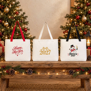 Canvas-Tasche Weihnachten mit Strickhenkeln – 9 Motive Happy New Year 2027, Tragetasche 45 × 35 × 8 cm in Beige, Rot oder Schwarz – 320 g/m² - Pamusan.de