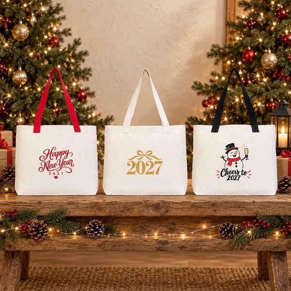 Canvas-Tasche Weihnachten mit Strickhenkeln – 9 Motive Happy New Year 2027, Tragetasche 45 × 35 × 8 cm in Beige, Rot oder Schwarz – 320 g/m² - Pamusan.de