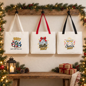 Canvas-Tasche Weihnachten mit Strickhenkeln – 9 Motive Happy New Year 2027, Tragetasche 45 × 35 × 8 cm in Beige, Rot oder Schwarz – 320 g/m² - Pamusan.de