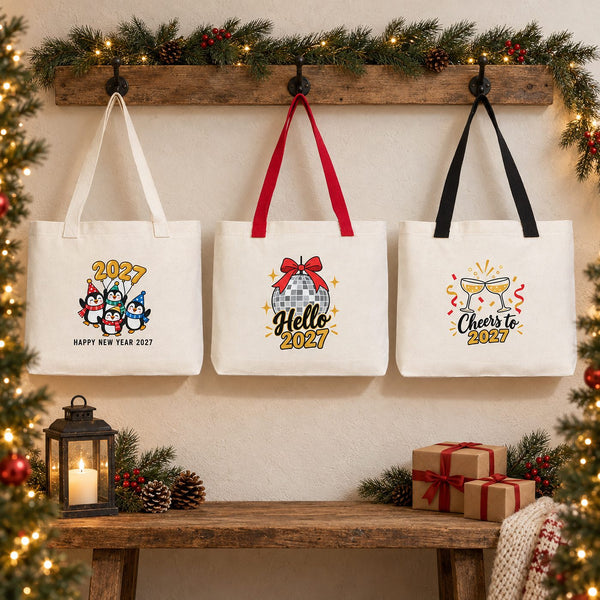 Canvas-Tasche Weihnachten mit Strickhenkeln – 9 Motive Happy New Year 2027, Tragetasche 45 × 35 × 8 cm in Beige, Rot oder Schwarz – 320 g/m² - Pamusan.de