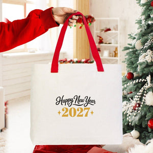 Canvas-Tasche Weihnachten mit Strickhenkeln – 9 Motive Happy New Year 2027, Tragetasche 45 × 35 × 8 cm in Beige, Rot oder Schwarz – 320 g/m² - Pamusan.de