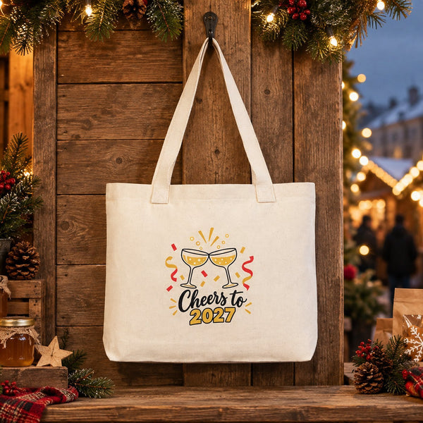Canvas-Tasche Weihnachten mit Strickhenkeln – 9 Motive Happy New Year 2027, Tragetasche 45 × 35 × 8 cm in Beige, Rot oder Schwarz – 320 g/m² - Pamusan.de