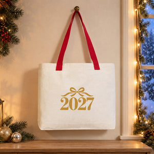 Canvas-Tasche Weihnachten mit Strickhenkeln – 9 Motive Happy New Year 2027, Tragetasche 45 × 35 × 8 cm in Beige, Rot oder Schwarz – 320 g/m² - Pamusan.de